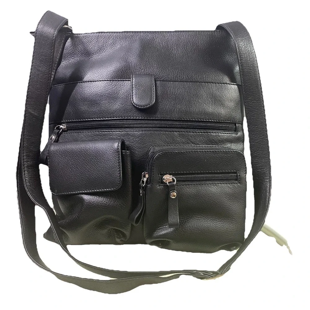 ili UNISEX Black leather Crossbody Messenger School Tablet Bag Purse 13x12x2